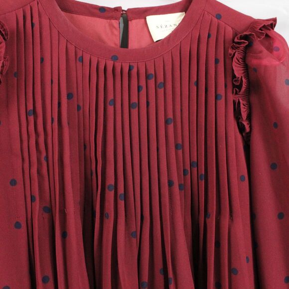 Sezane Dress Womens 34 2 Eve Mini Short Plum Navy Dots Pleated Ruffle Lined - Picture 6 of 14